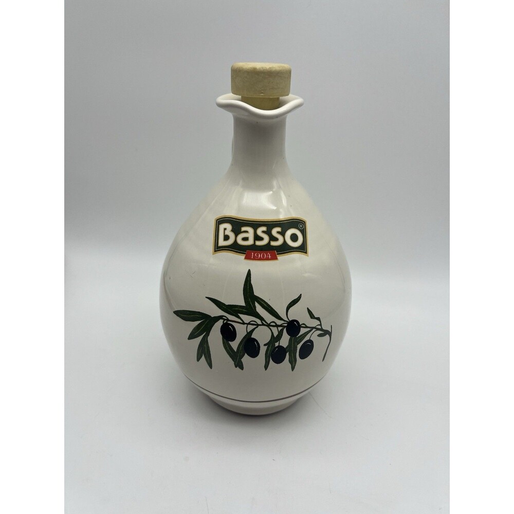 Basso Ceramic Oil Vinegar Cruet Olive Branch Design with Rubber Cork Stopper